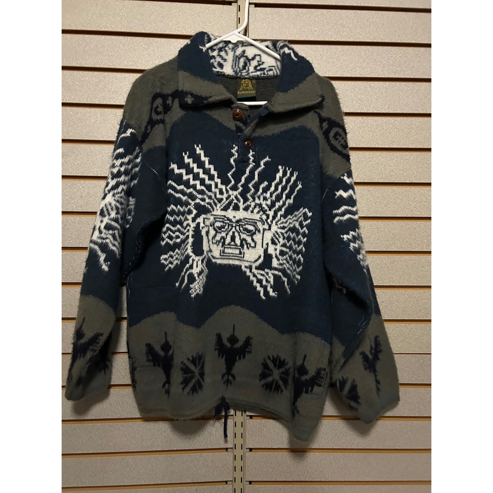 Ruminahui Wool Sweater Mens Blue Gray Intarsia Sun God Otavalo Ecuador Pullover